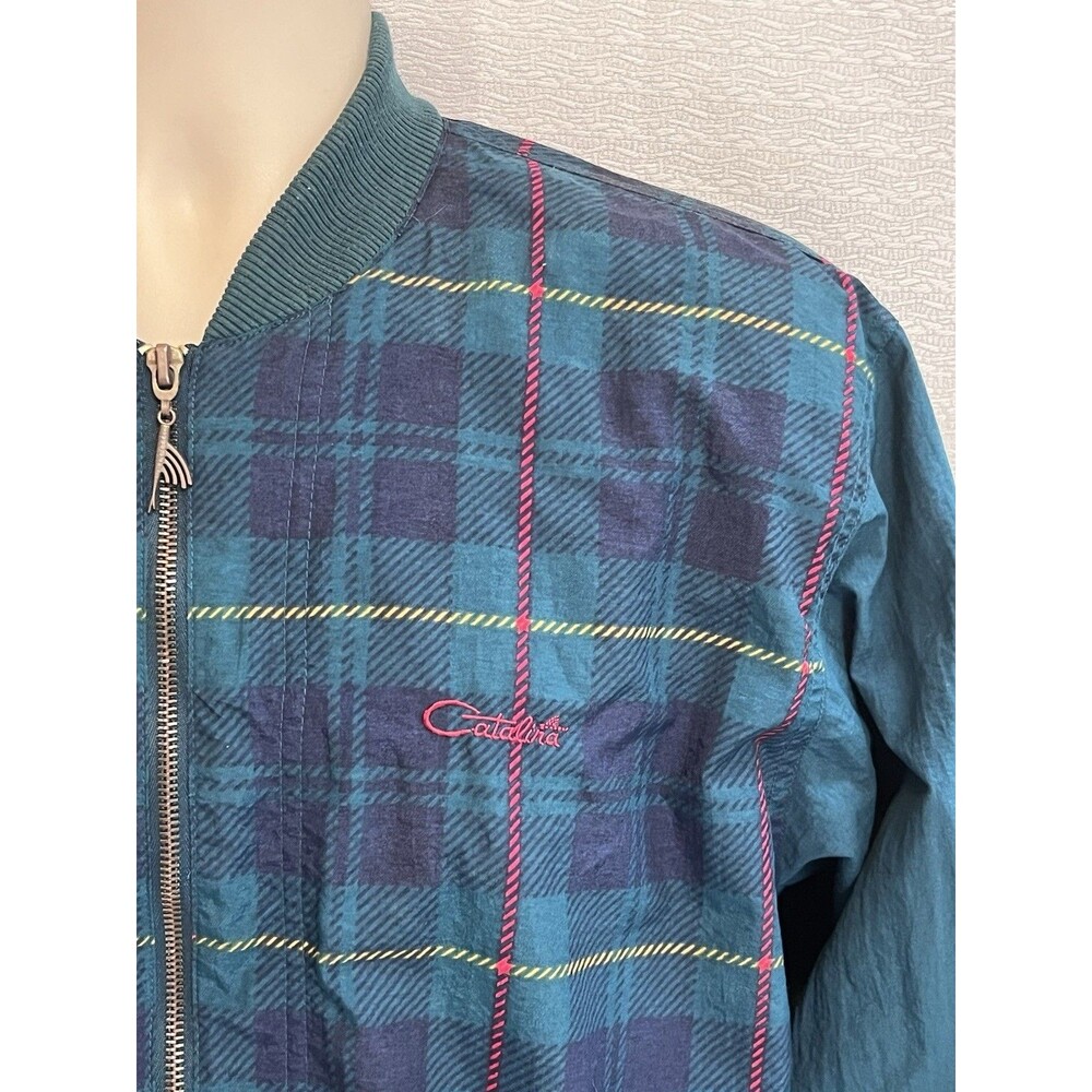 VTG 80s Catalina Bomber Varsity Windbreaker Plaid Jacket Mens S Green Blue Golf - Picture 3 of 8